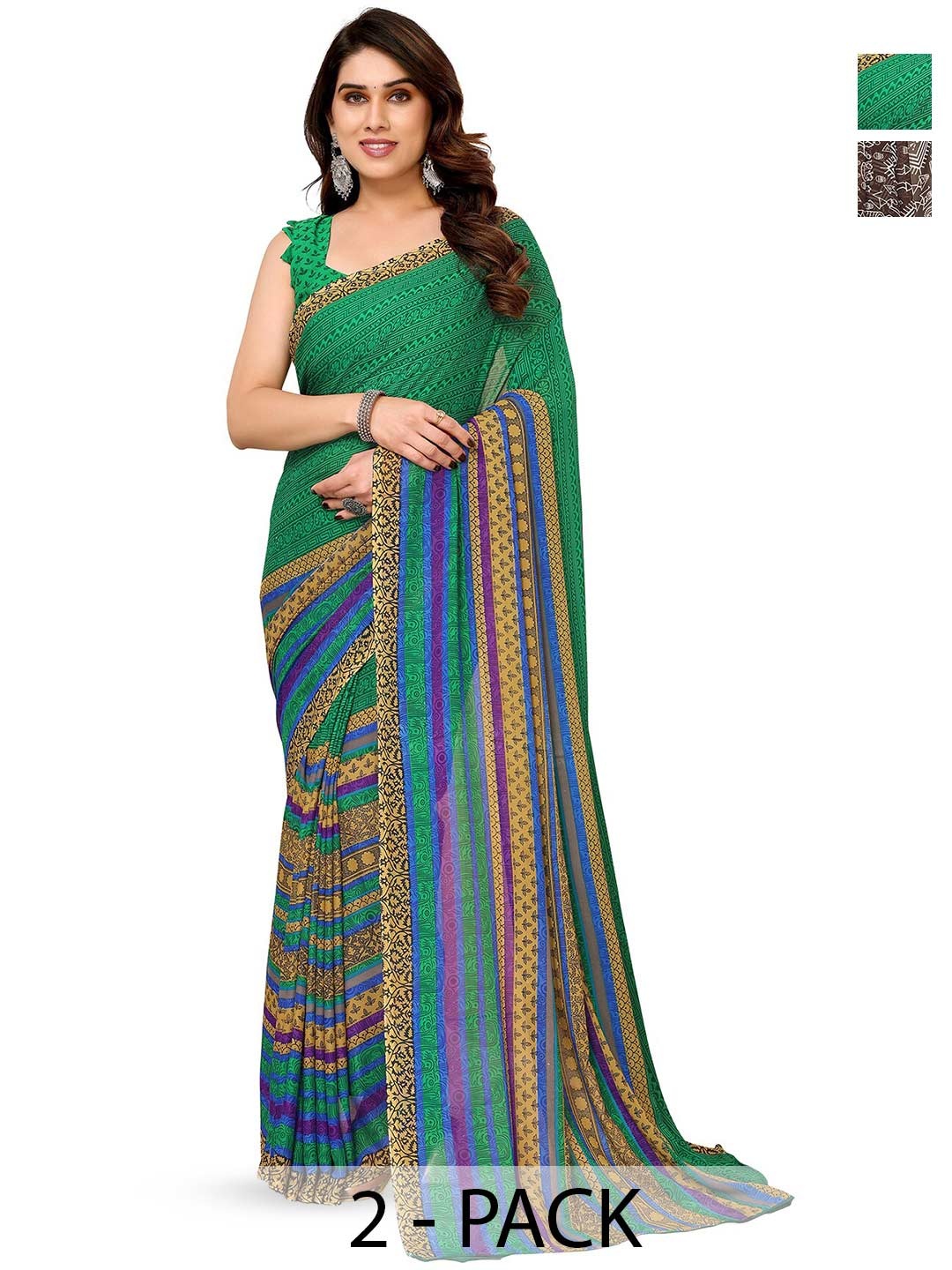 

ANAND SAREES Selection Of 2 Floral Printed Sarees, Brown