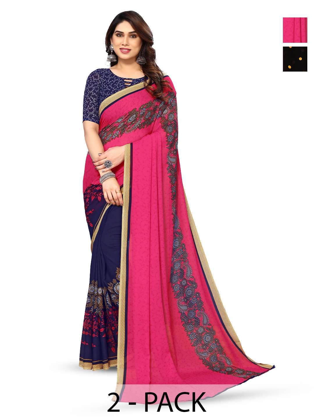 

ANAND SAREES Selection Of 2 Polka Dots Printed Sarees, Black