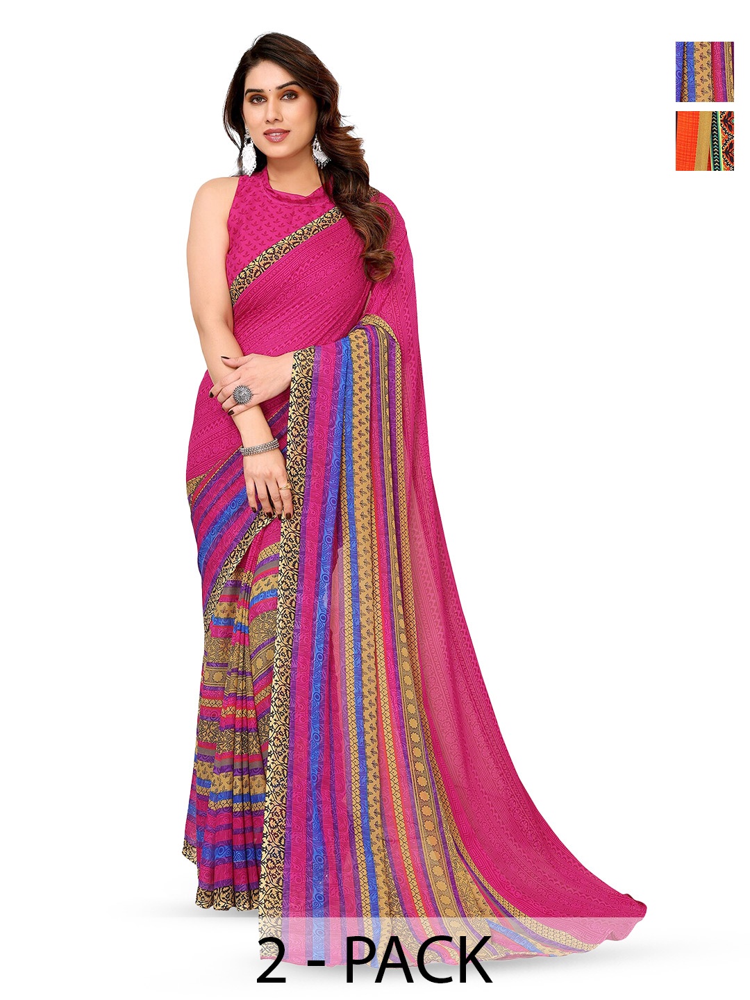

ANAND SAREES Selection Of 2 Floral Printed Sarees, Pink