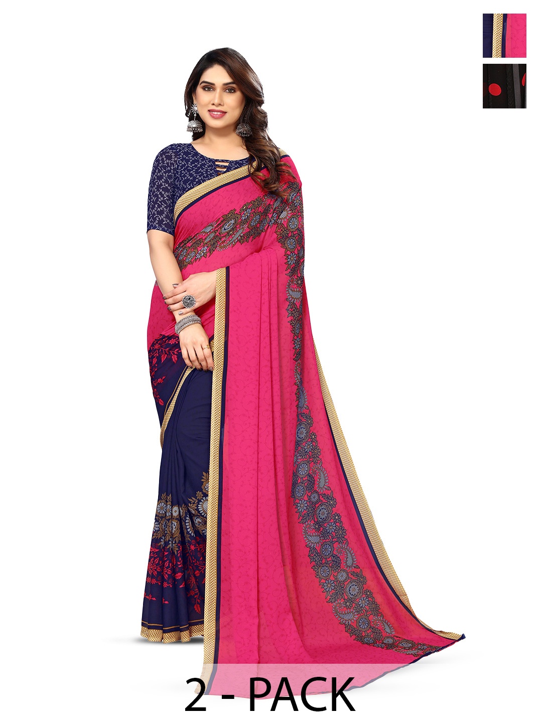 

ANAND SAREES Selection Of 2 Polka Dots Printed Sarees, Pink