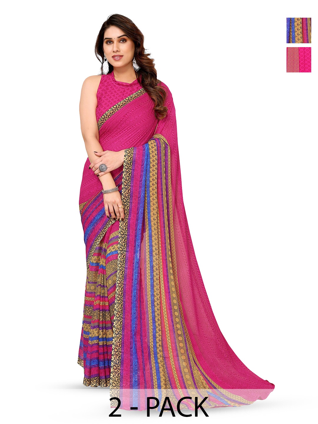 

ANAND SAREES Selection Of 2 Floral Printed Sarees, Pink