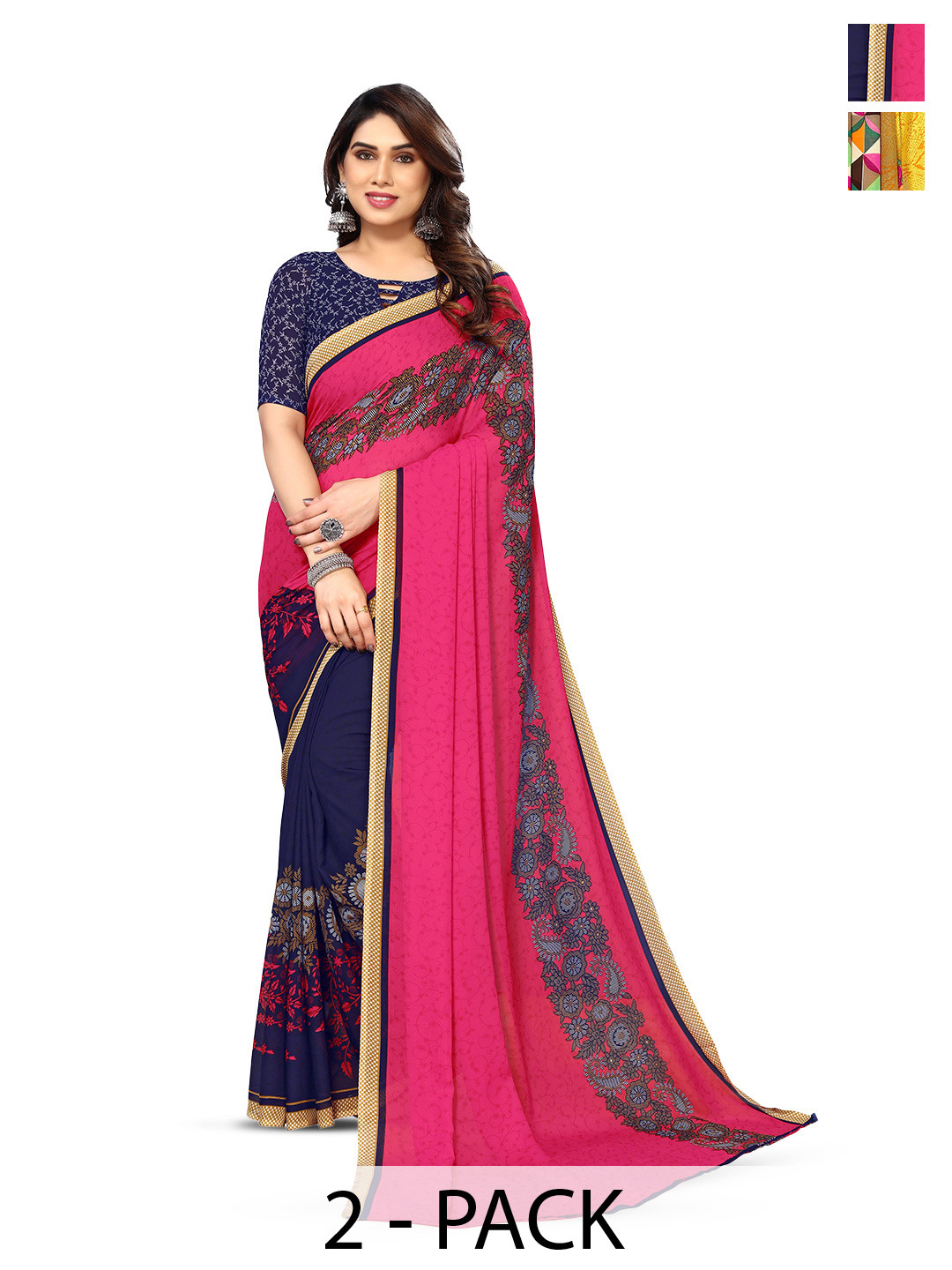 

ANAND SAREES Selection Of 2 Floral Printed Sarees, Yellow