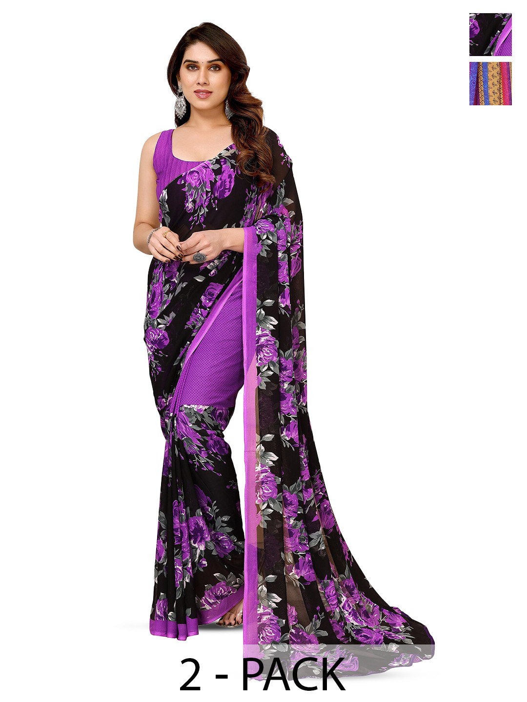 

ANAND SAREES Selection Of 2 Floral Printed Sarees, Black