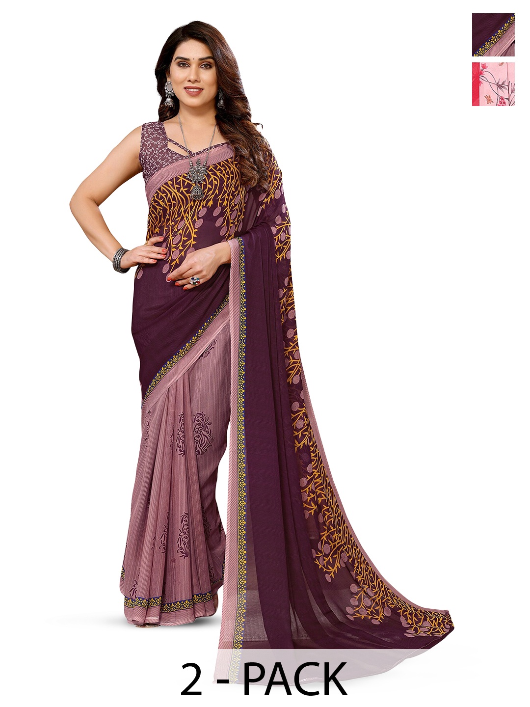 

ANAND SAREES Selection Of 2 Floral Printed Saree, Pink