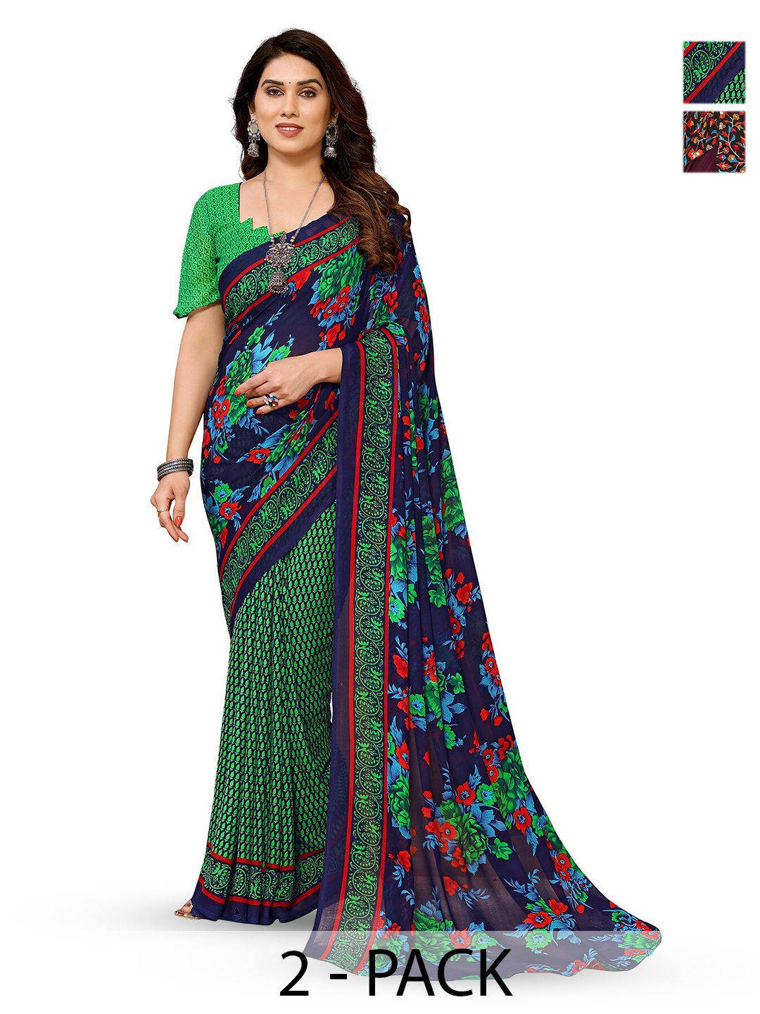 

ANAND SAREES Selection Of 2 Floral Printed Sarees, Green