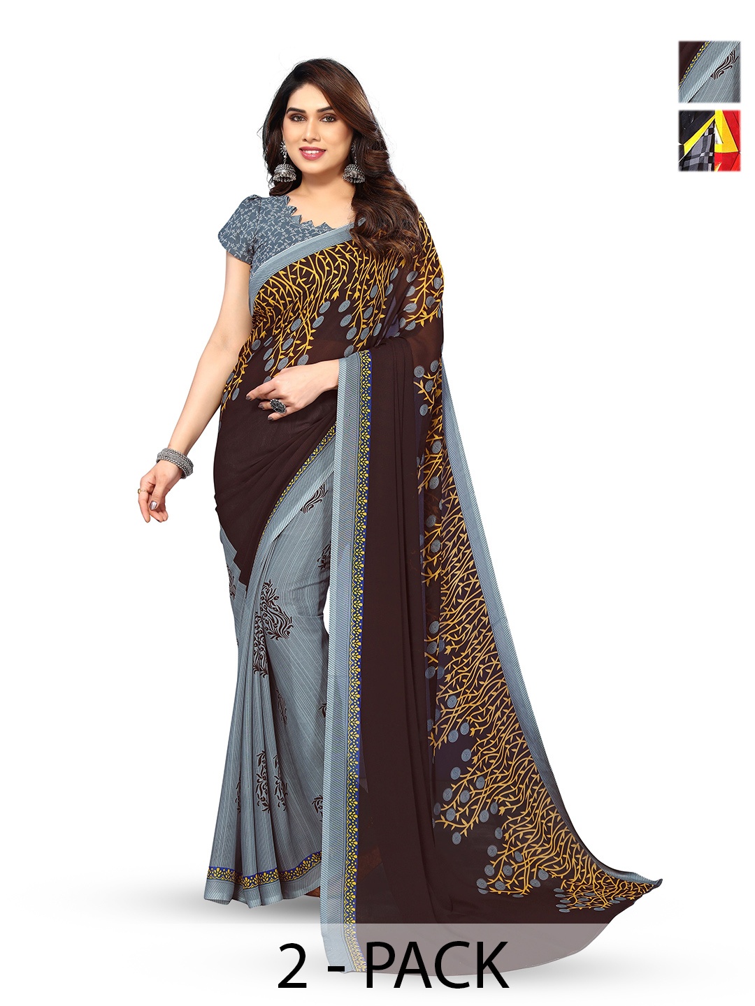 

ANAND SAREES Selection Of 2 Floral Printed Sarees, Grey