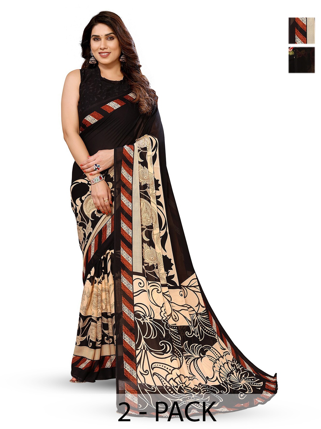 

ANAND SAREES Selection Of 2 Floral Printed Saree, Black