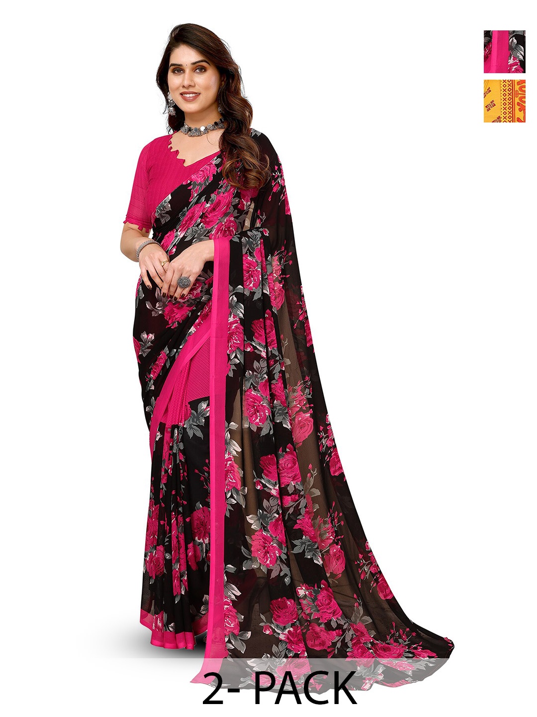 

ANAND SAREES Selection Of 2 Floral Printed Sarees, Black