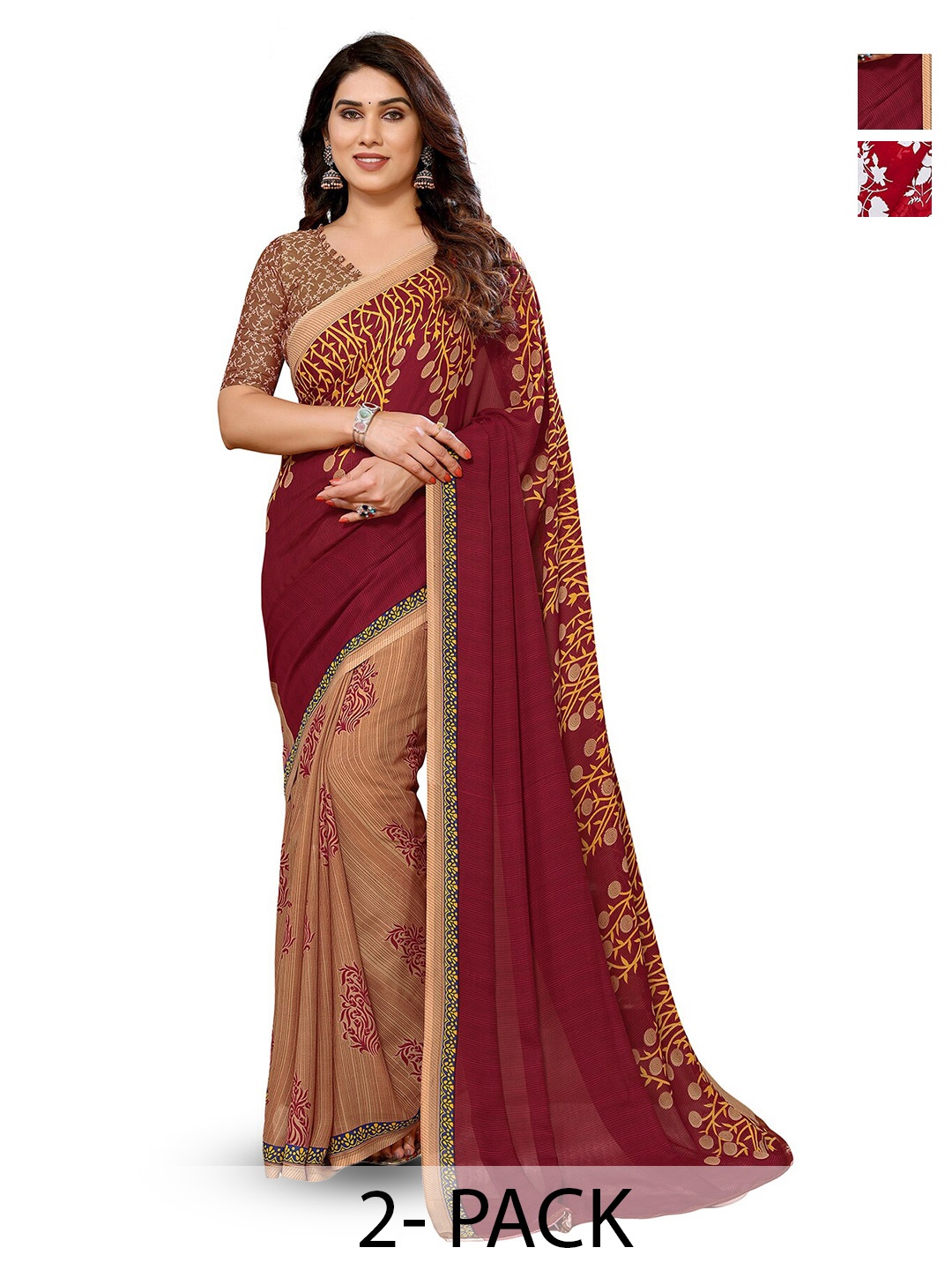 

ANAND SAREES Selection Of 2 Floral Printed Sarees, Brown