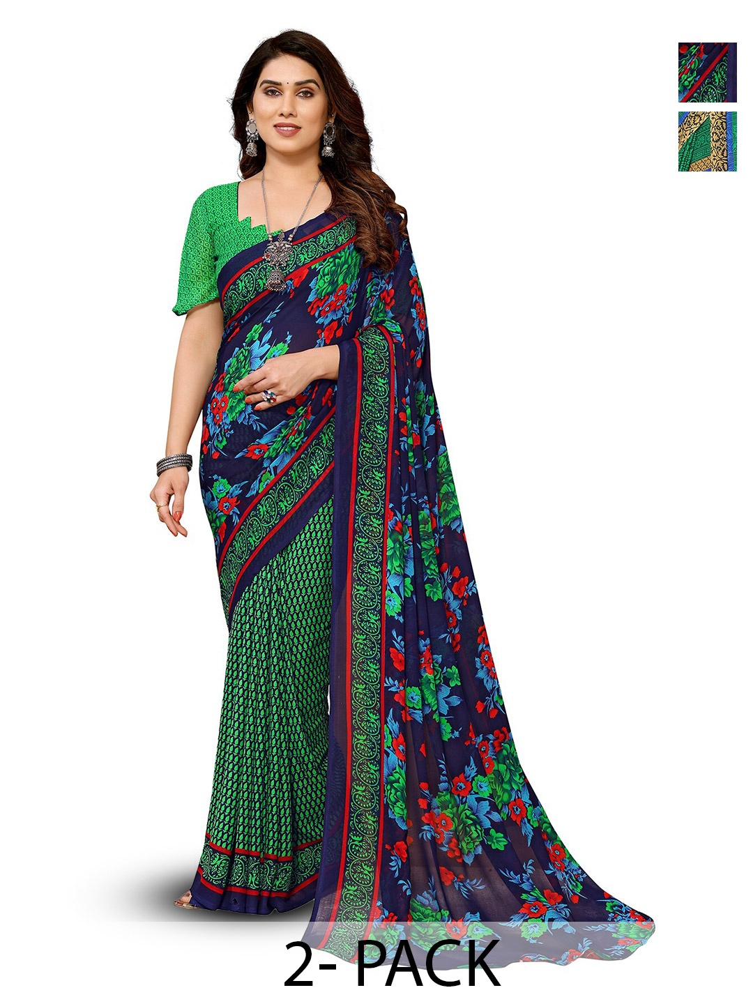 

ANAND SAREES Selection Of 2 Floral Printed Sarees, Green