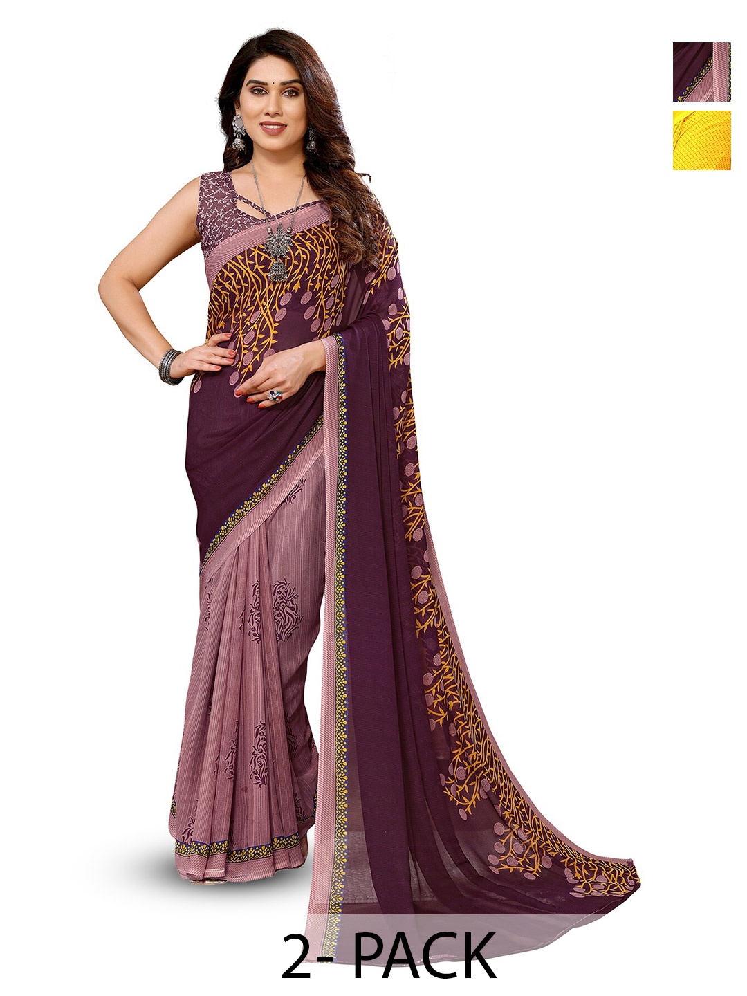 

ANAND SAREES Selection of 2 Floral Printed Saree, Yellow