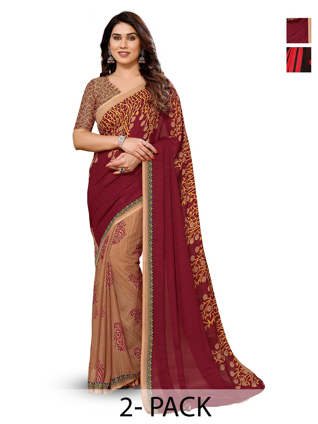 

ANAND SAREES Selection of 2 Polka Dot Printed Saree, Brown