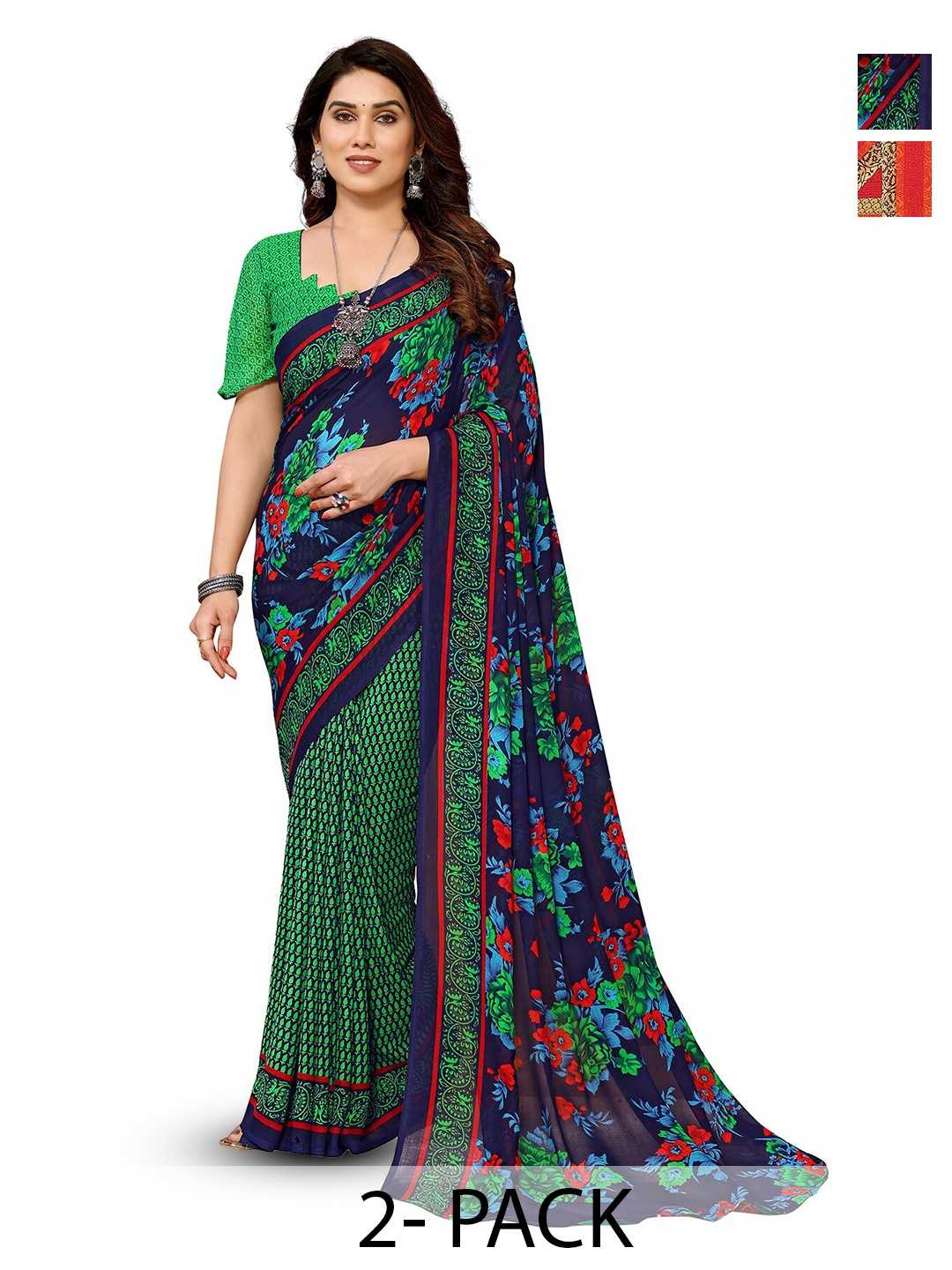 

ANAND SAREES Selection of 2 Floral Printed Saree, Navy blue
