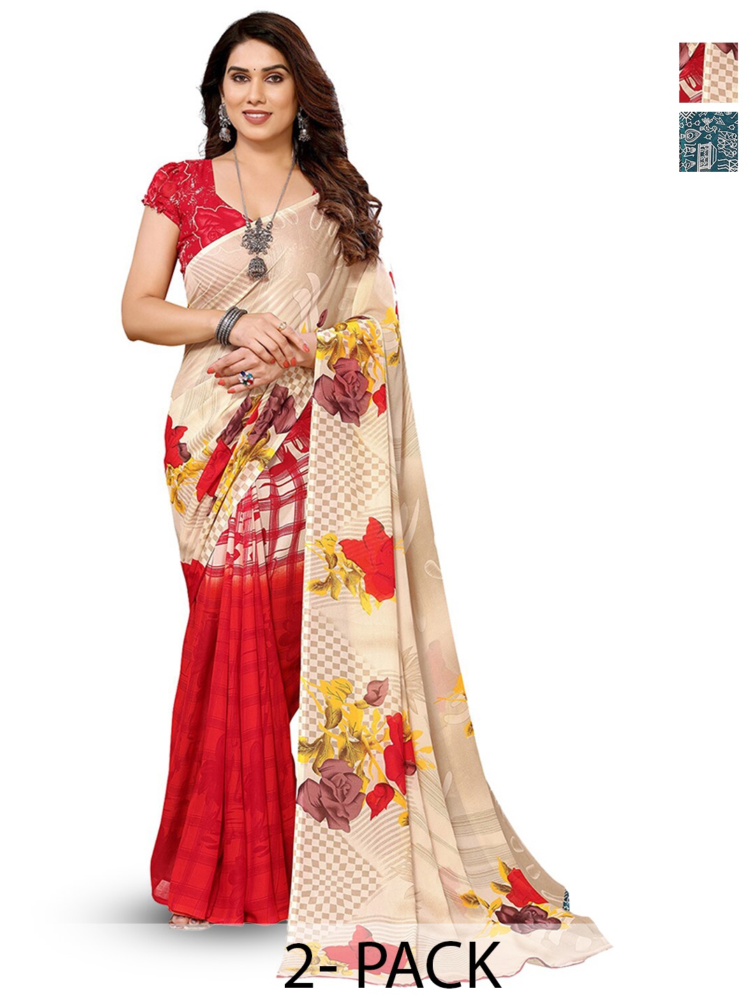 

ANAND SAREES Selection of 2 Floral Printed Saree, Red