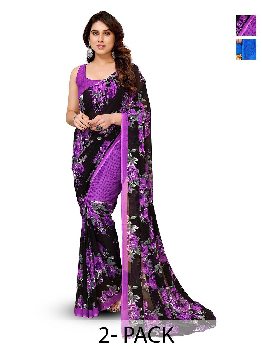 

ANAND SAREES Selection of 2 Floral Printed Saree, Blue