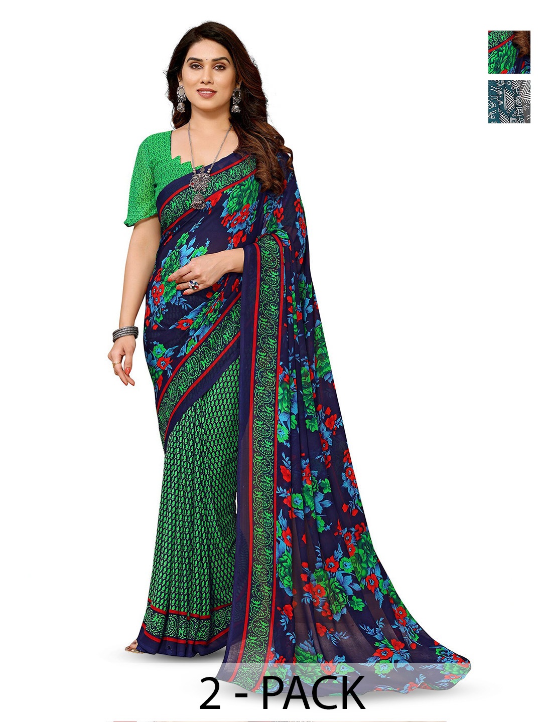 

ANAND SAREES Selection Of 2 Floral Printed Georgette Saree, Green