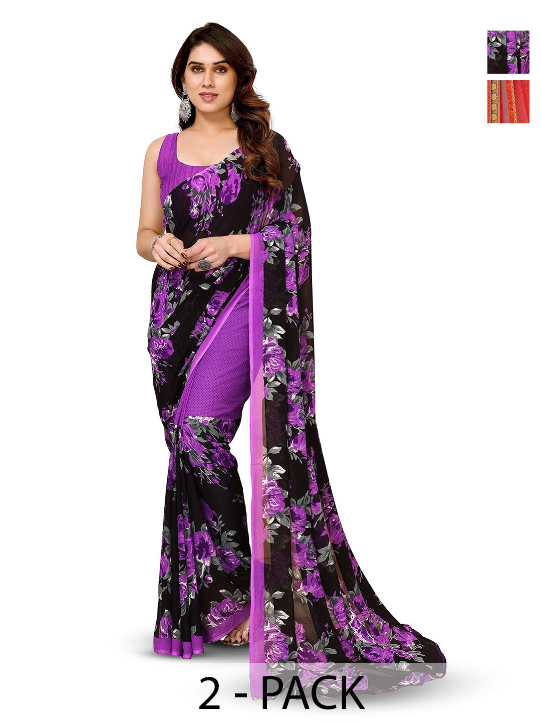 

ANAND SAREES Selection Of 2 Floral Printed Georgette Saree, Purple
