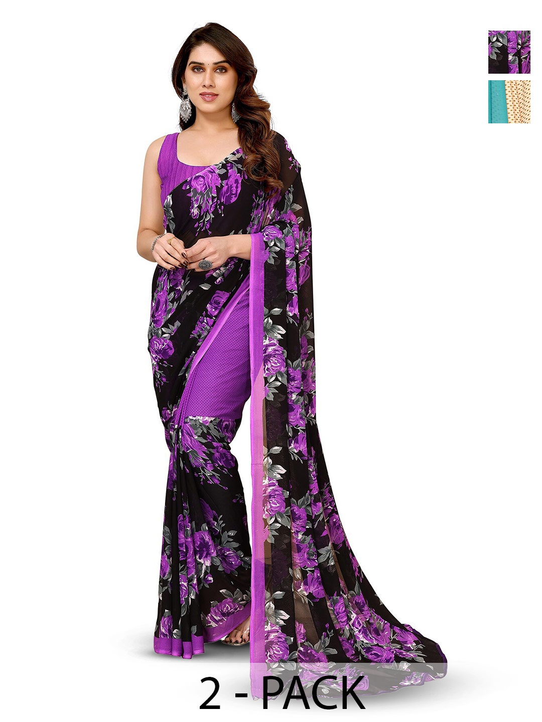 

ANAND SAREES Selection Of 2 Floral Printed Georgette Saree, Purple