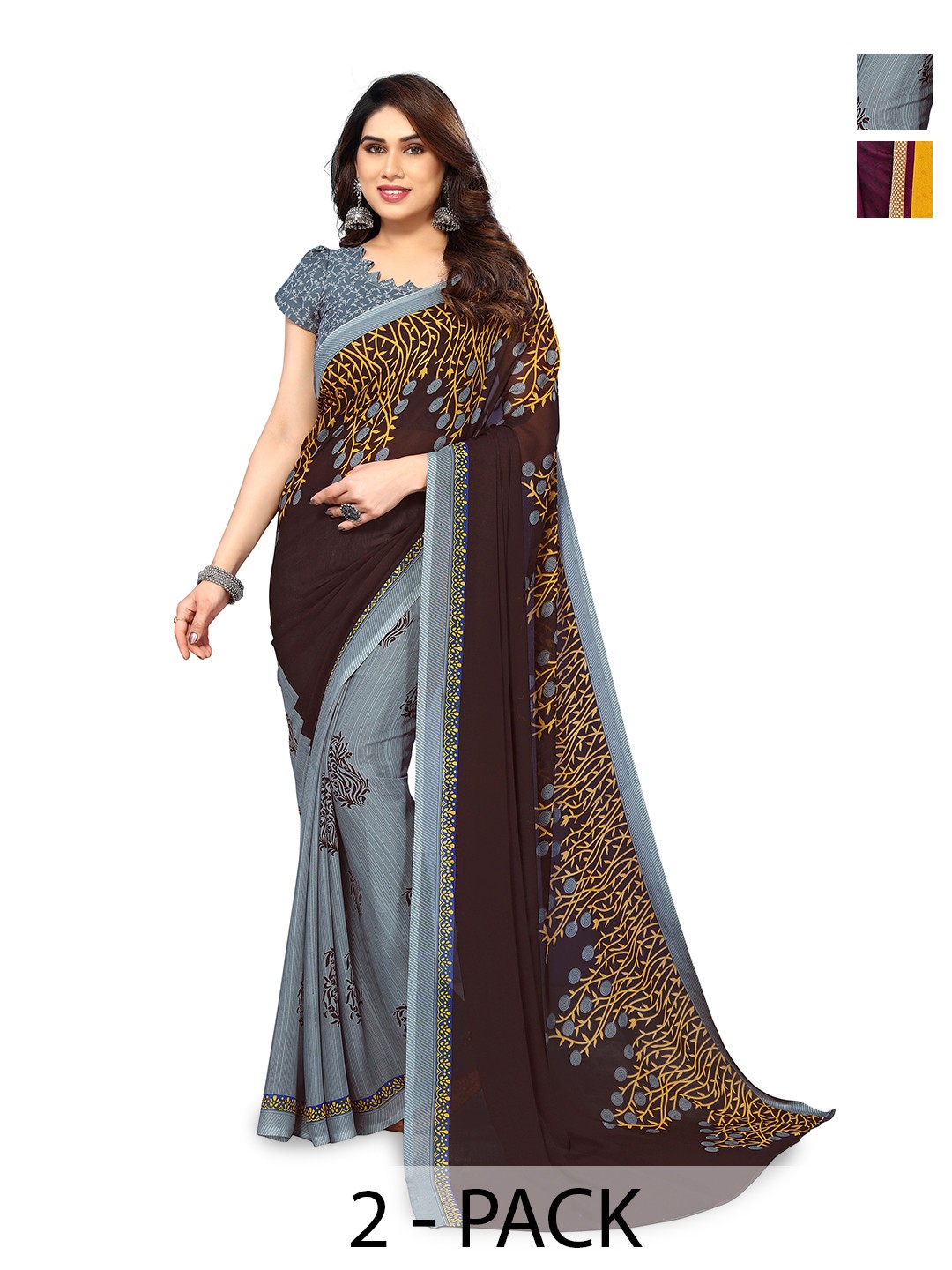 

ANAND SAREES Selection Of 2 Floral Printed Sarees, Grey