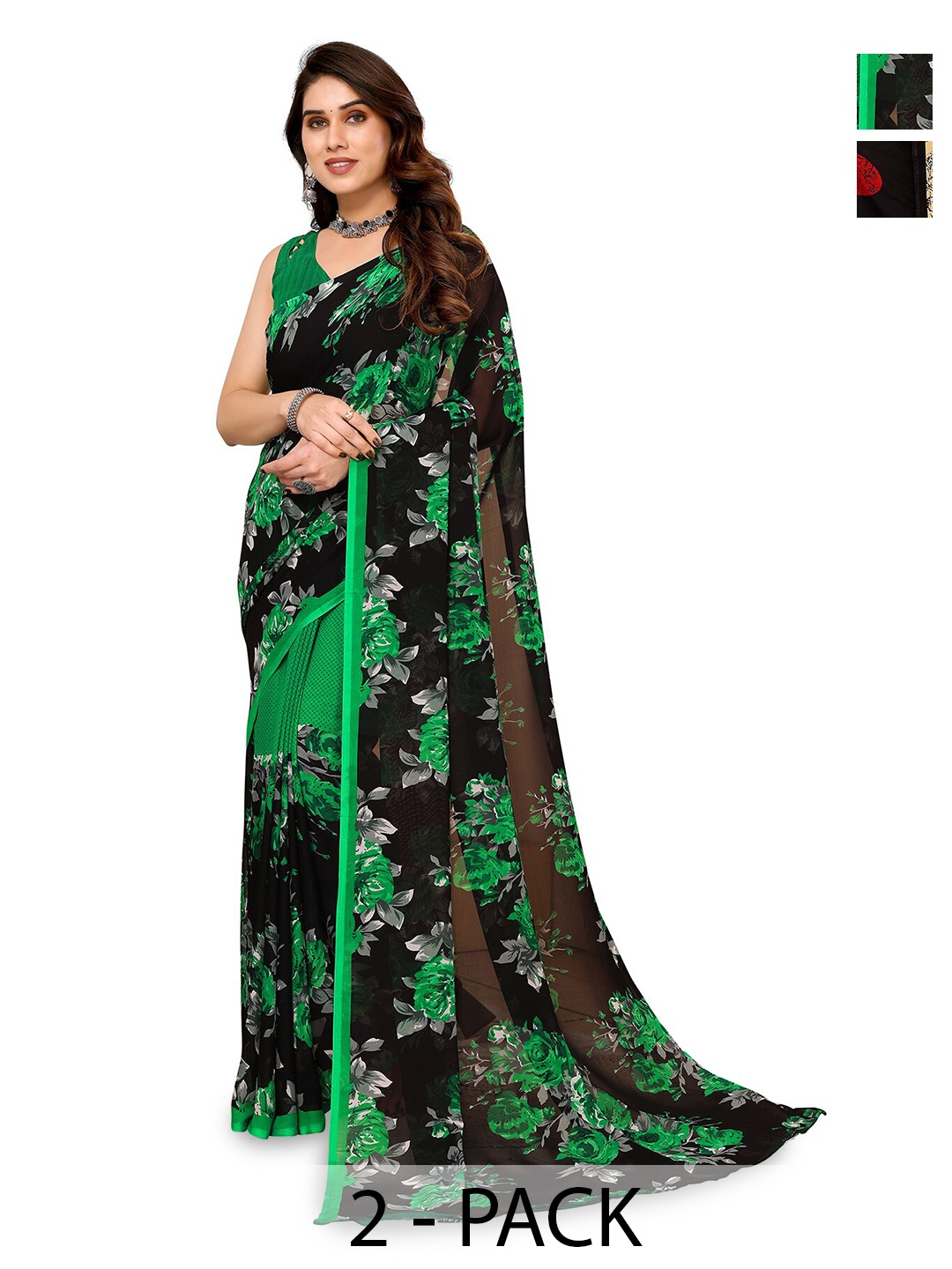 

ANAND SAREES Selection of 2 Floral Printed Sarees, Green