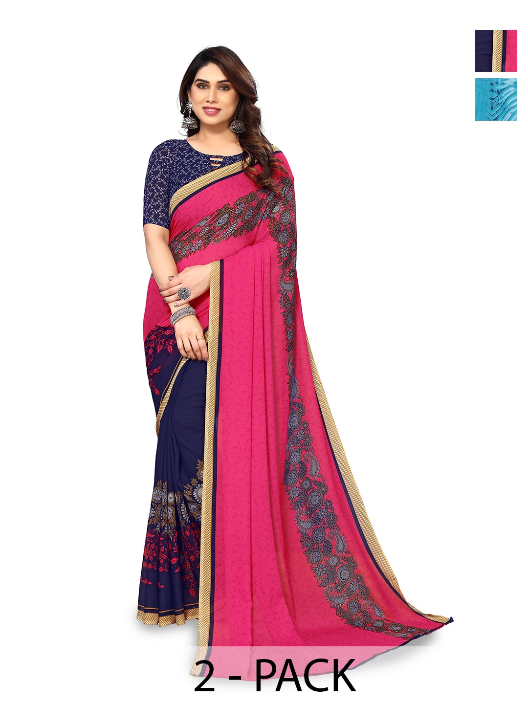 

ANAND SAREES Selection of 2 Abstract Printed Sarees, Blue