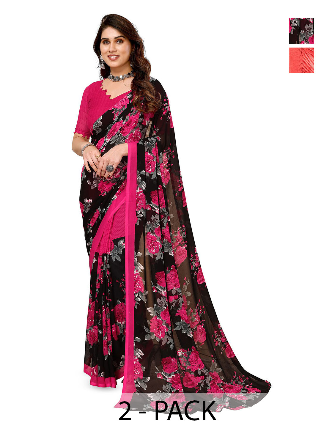 

ANAND SAREES Pack Of 2 Floral Printed Saree, Pink