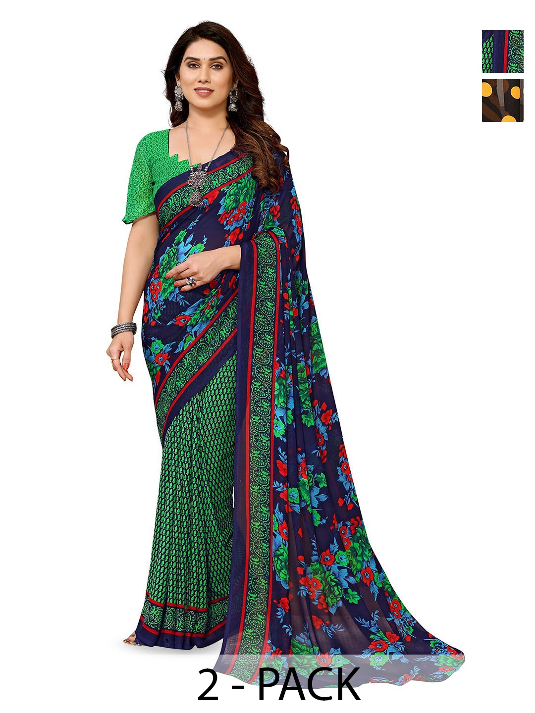 

ANAND SAREES Pack Of 2 Floral Printed Saree, Green