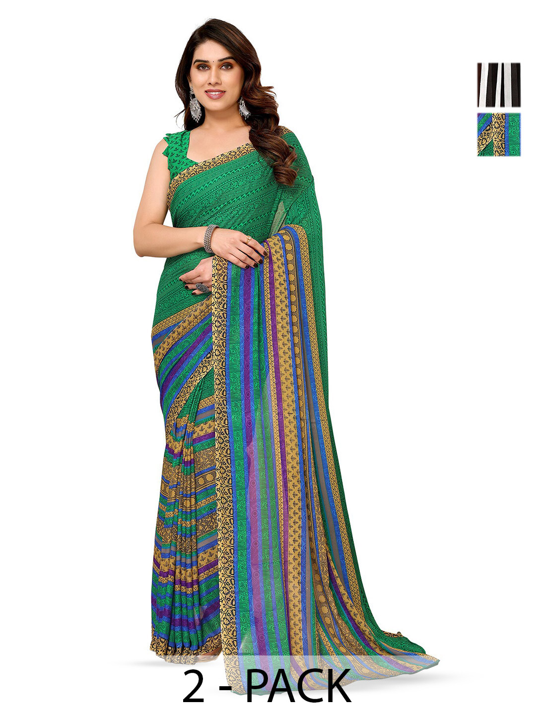 

ANAND SAREES Selection of 2 Floral Printed Sarees, Green