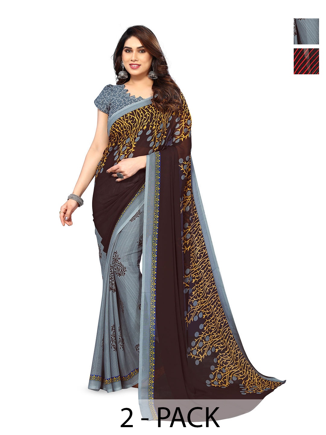 

ANAND SAREES Selection of 2 Floral Printed Sarees, Grey