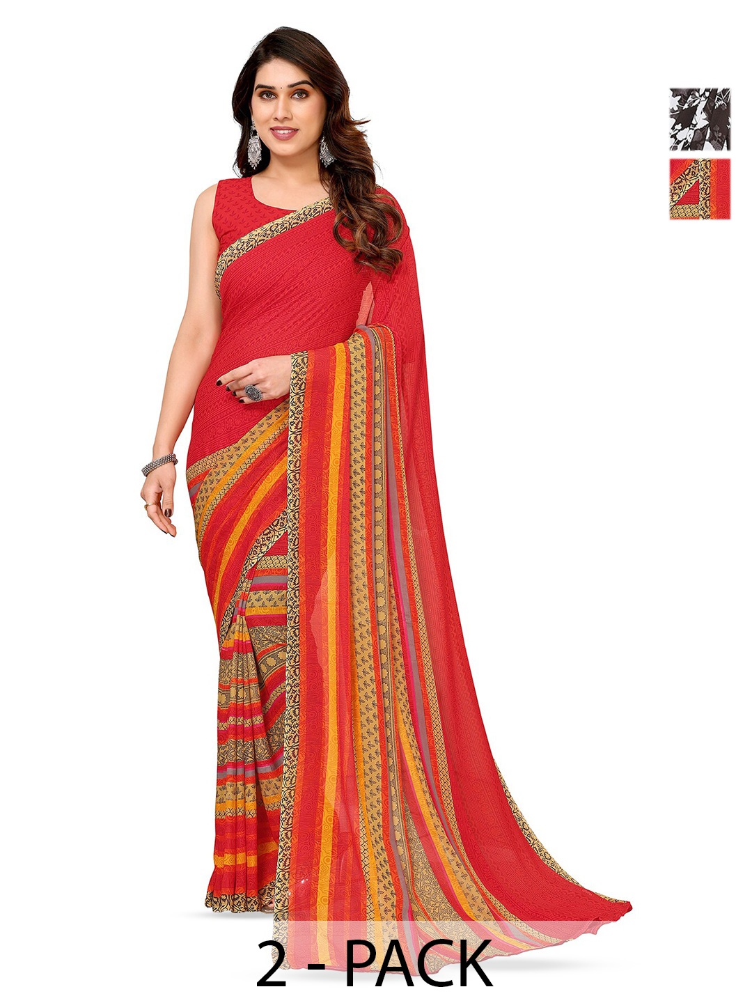 

ANAND SAREES Selection of 2 Floral Printed Sarees, Brown