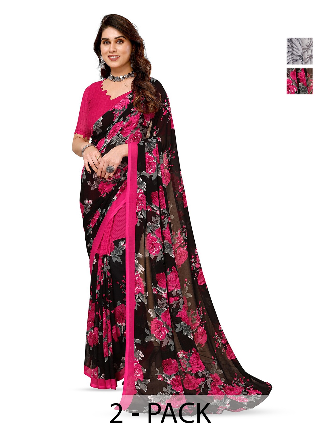 

ANAND SAREES Selection of 2 Floral Printed Sarees, Grey