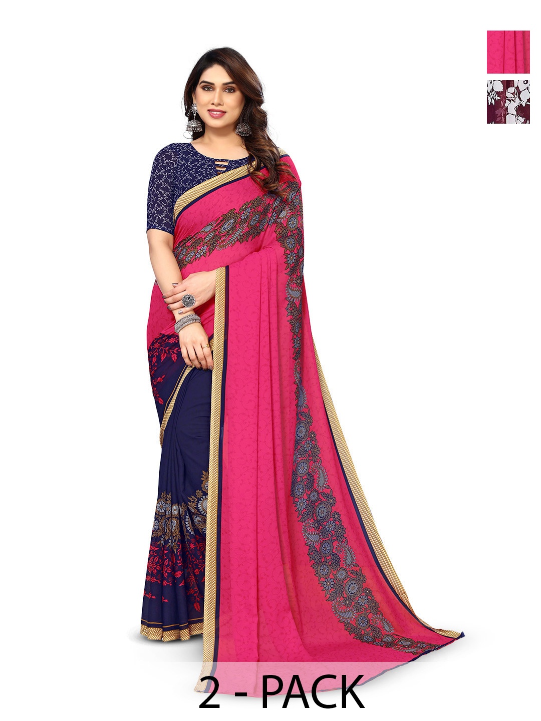 

ANAND SAREES Selection of 2 Floral Printed Half & Half Sarees, Purple
