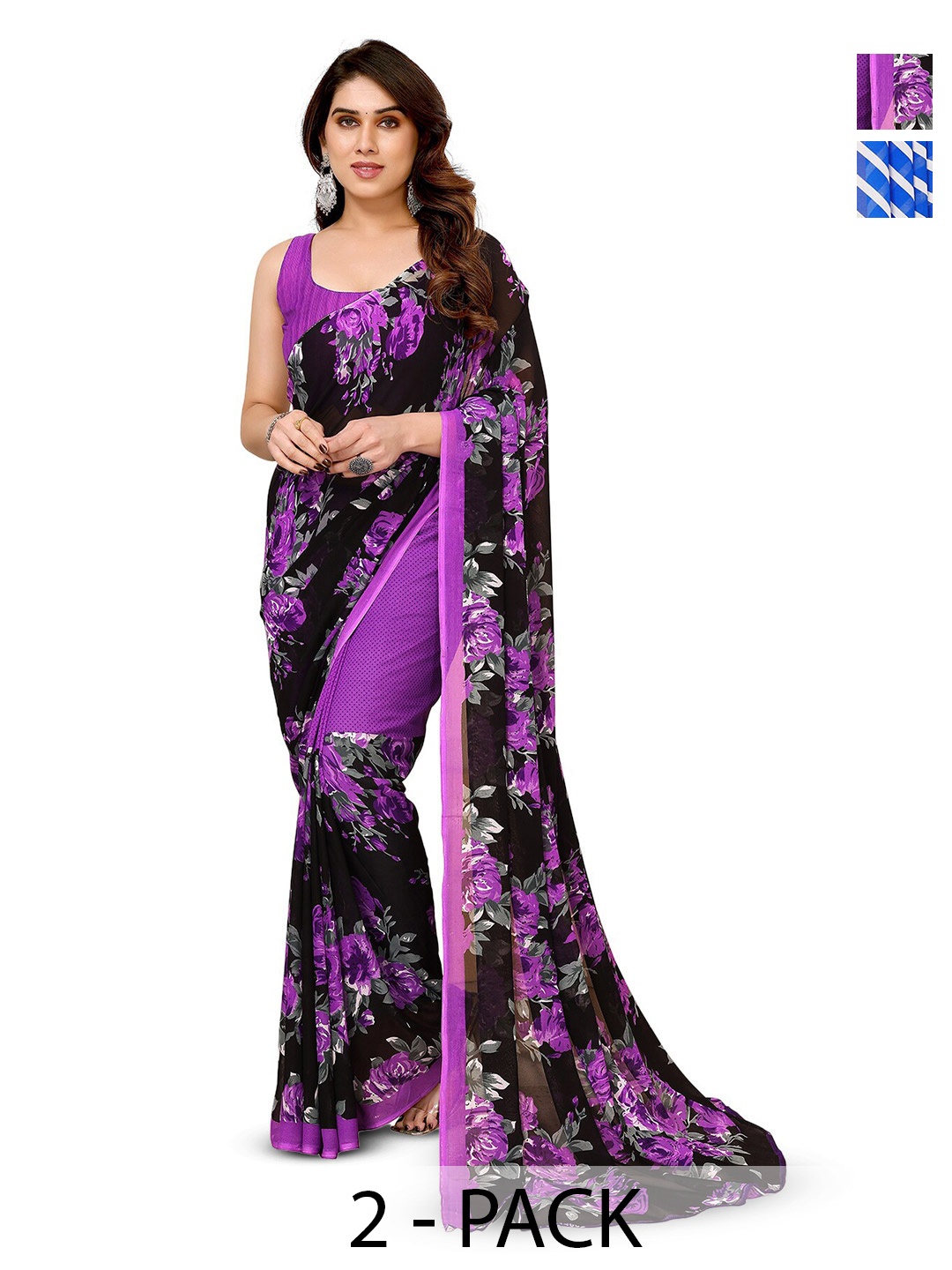 

ANAND SAREES Selection of 2 Floral Printed Sarees, Purple