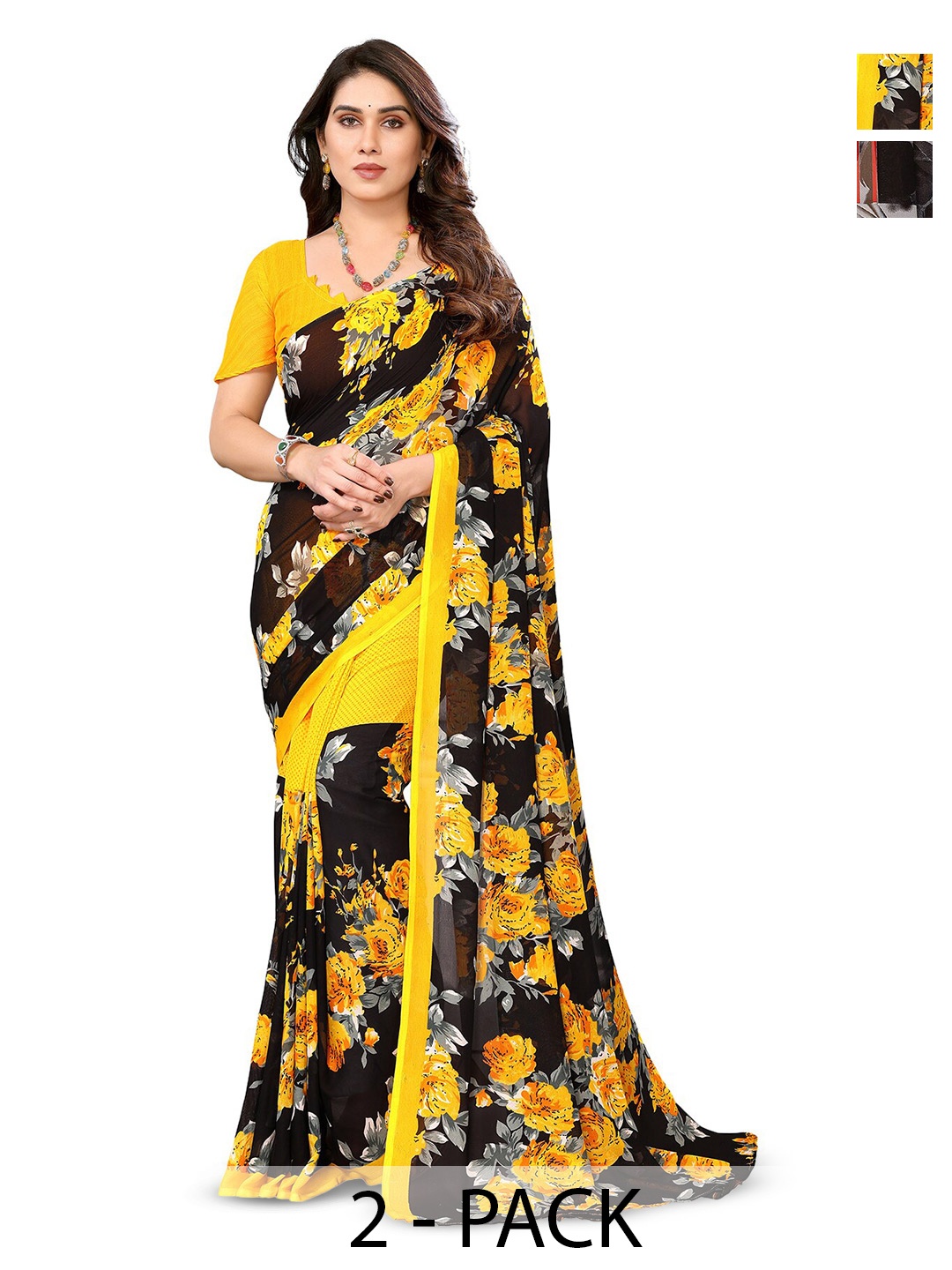 

ANAND SAREES Selection of 2 Floral Printed Sarees, Black