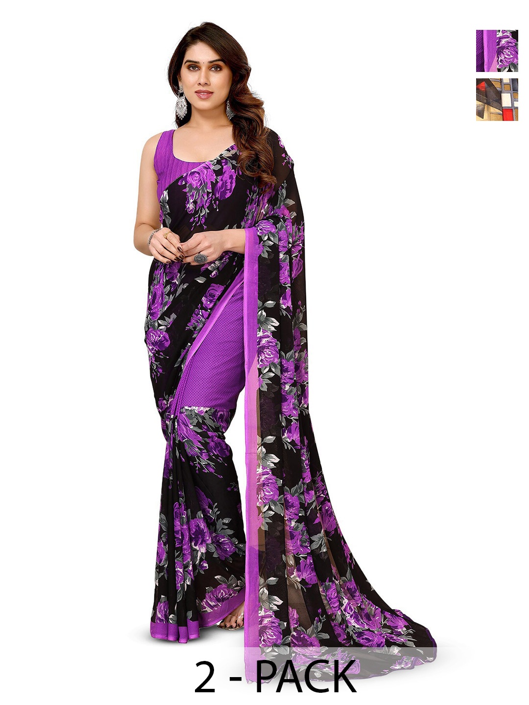 

ANAND SAREES Selection Of 2 Floral Printed Saree, Purple