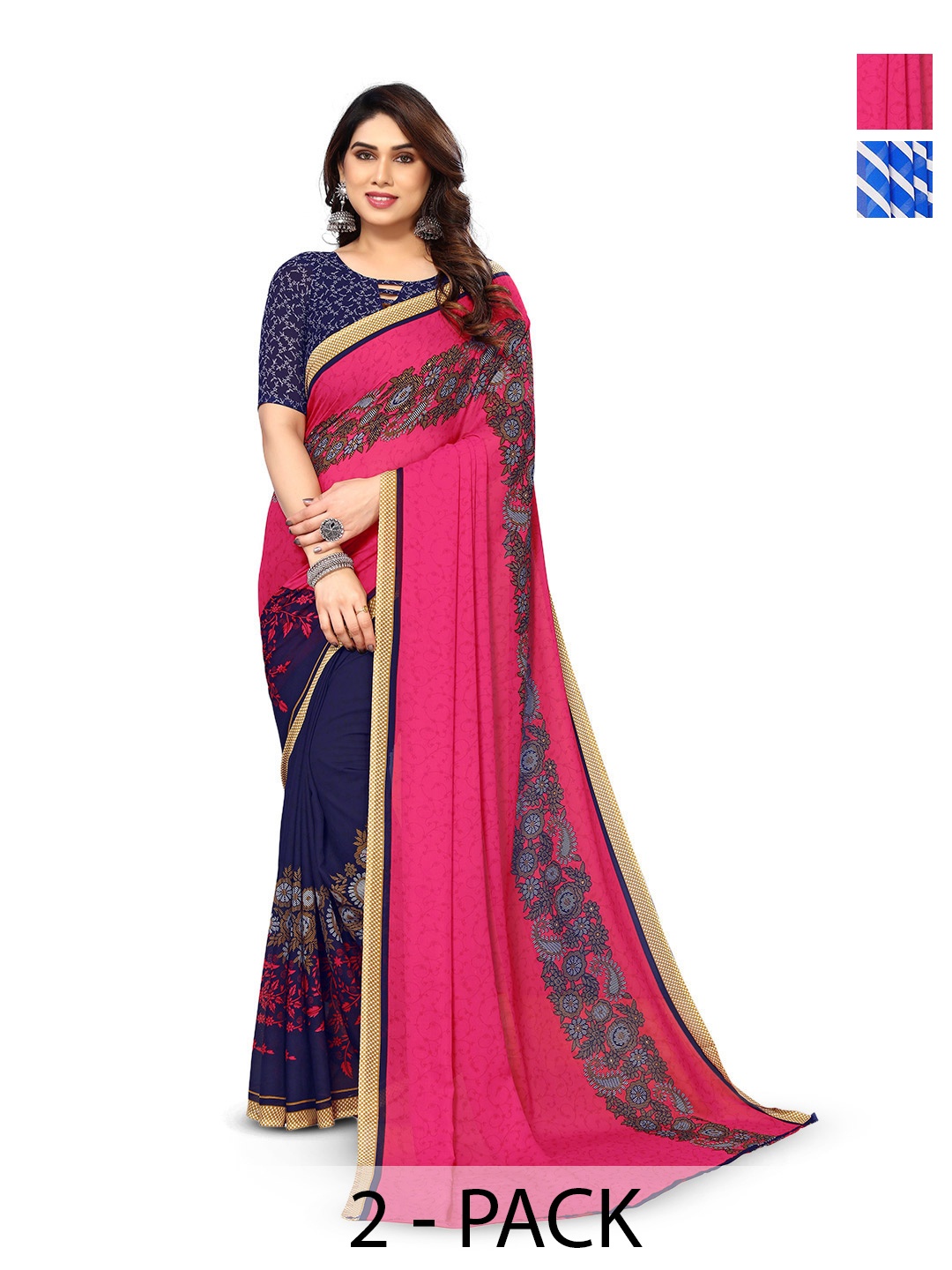 

ANAND SAREES Polka Selection Of 2 Striped Printed Saree, Navy blue