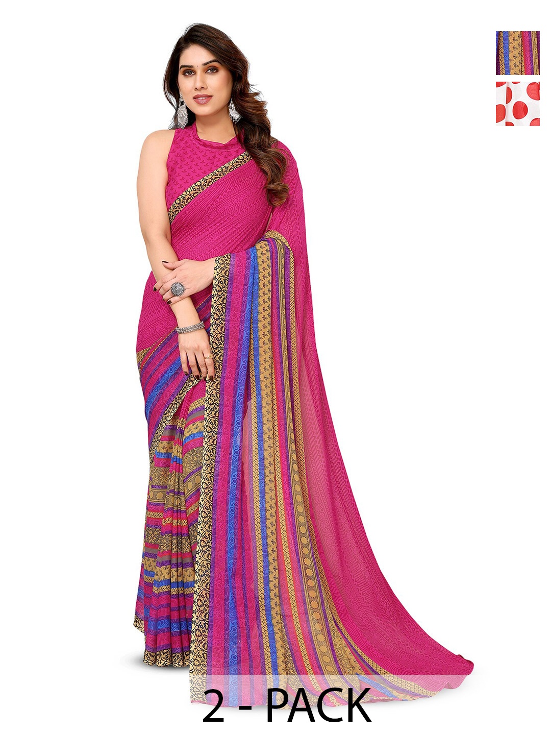 

ANAND SAREES Polka Selection Of 2 Polka Dot Printed Saree, White