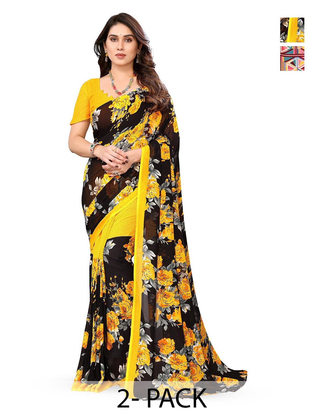 

ANAND SAREES Selection Of 2 Floral Printed Sarees, Black