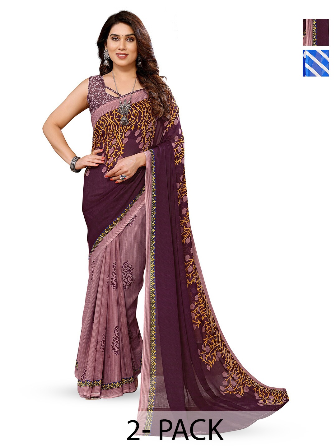 

ANAND SAREES Selection Of 2 Striped Printed Sarees, Mauve