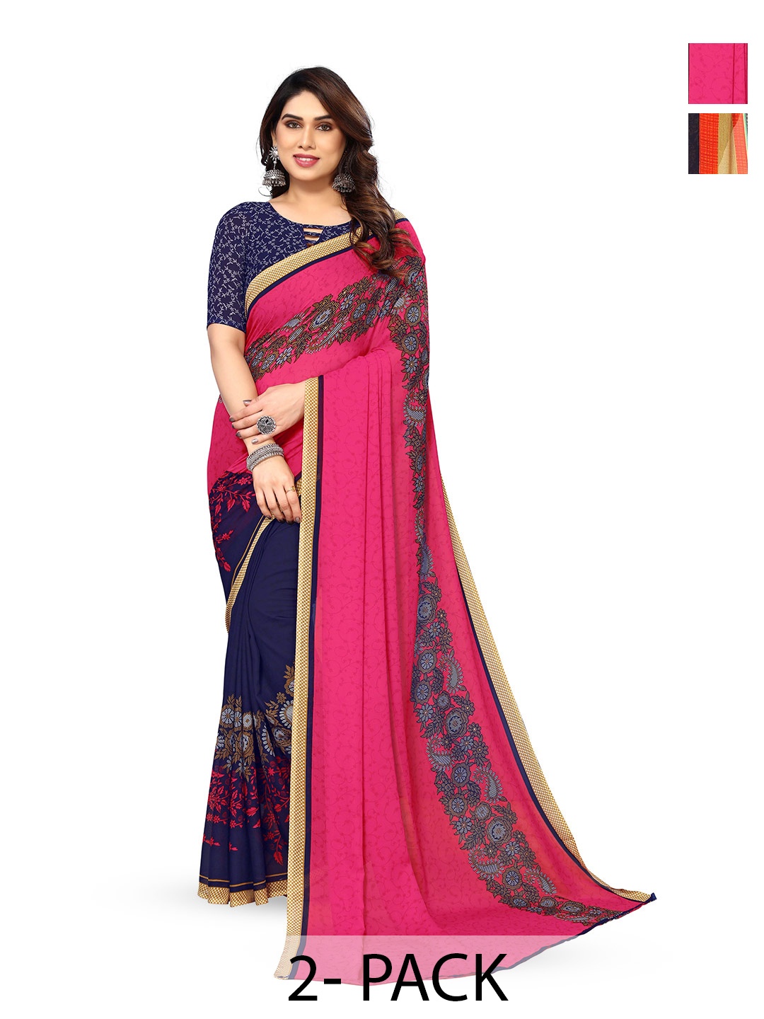 

ANAND SAREES Selection Of 2 Floral Printed Sarees, Navy blue