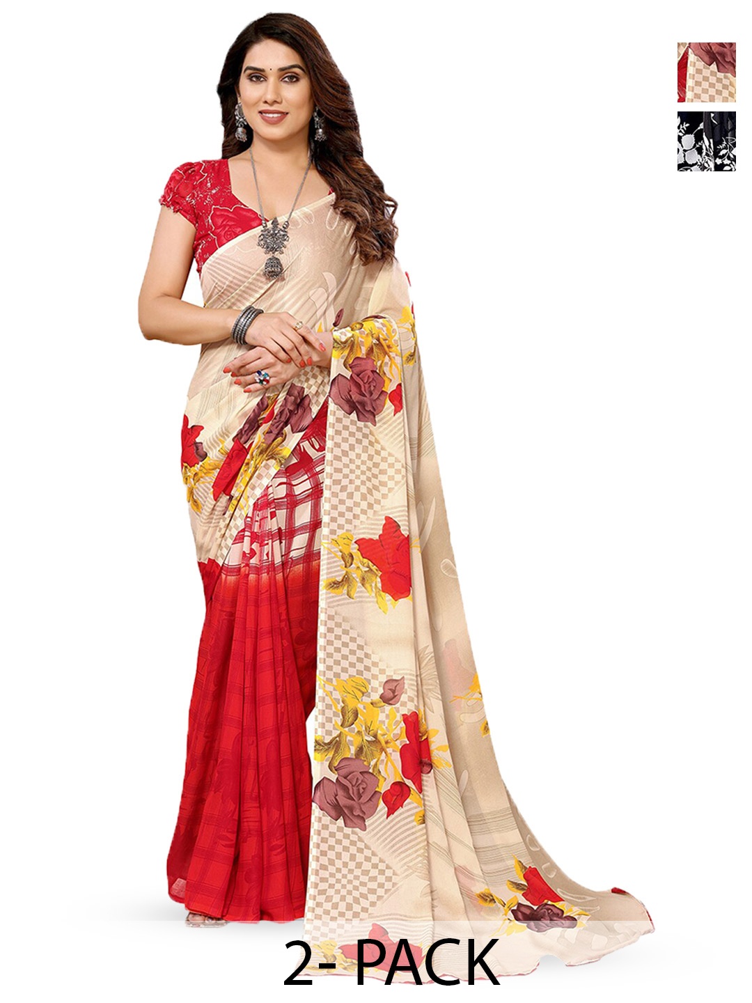 

ANAND SAREES Selection Of 2 Floral Printed Sarees, Black