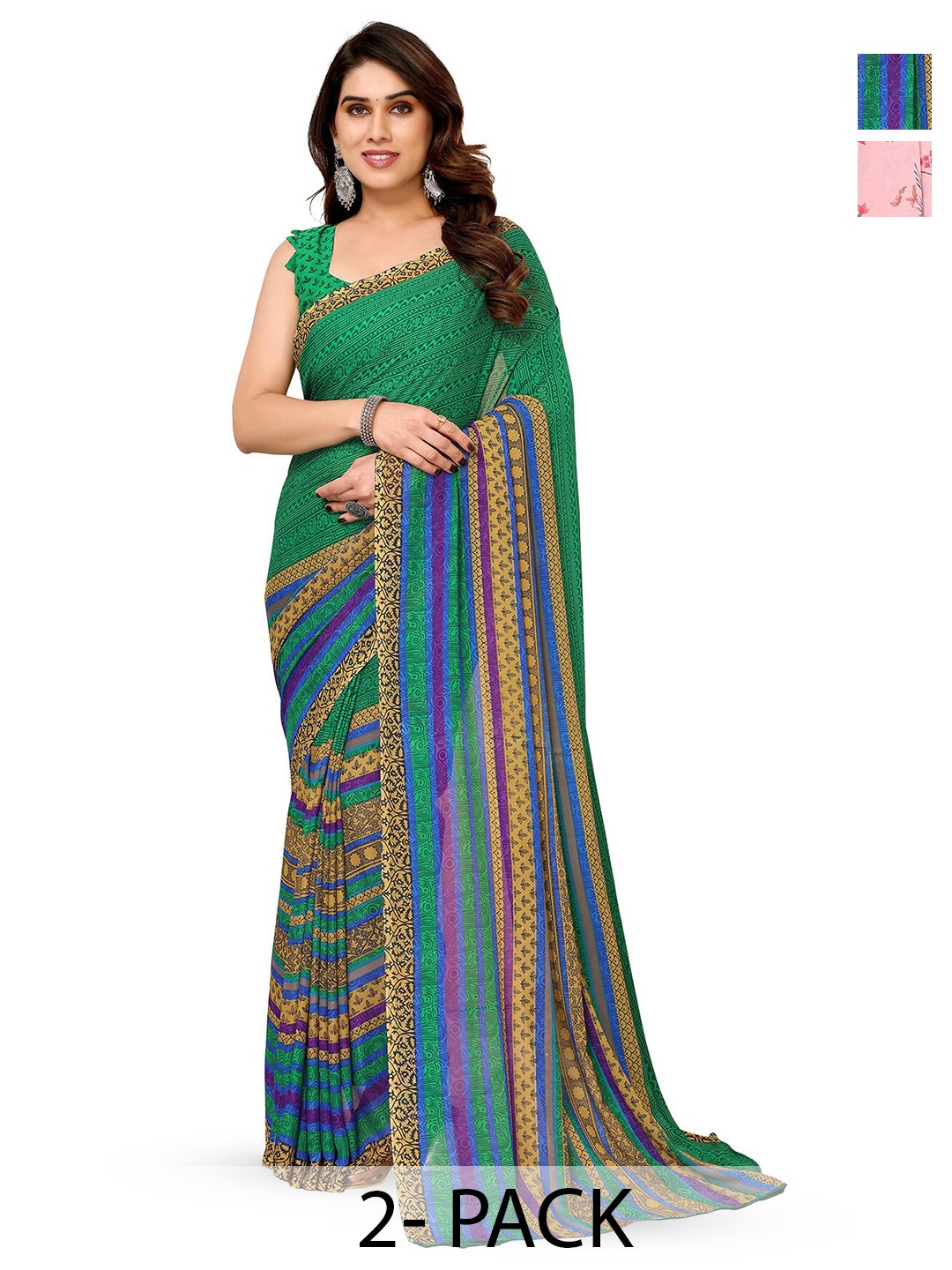 

ANAND SAREES Selection Of 2 Floral Printed Sarees, Pink