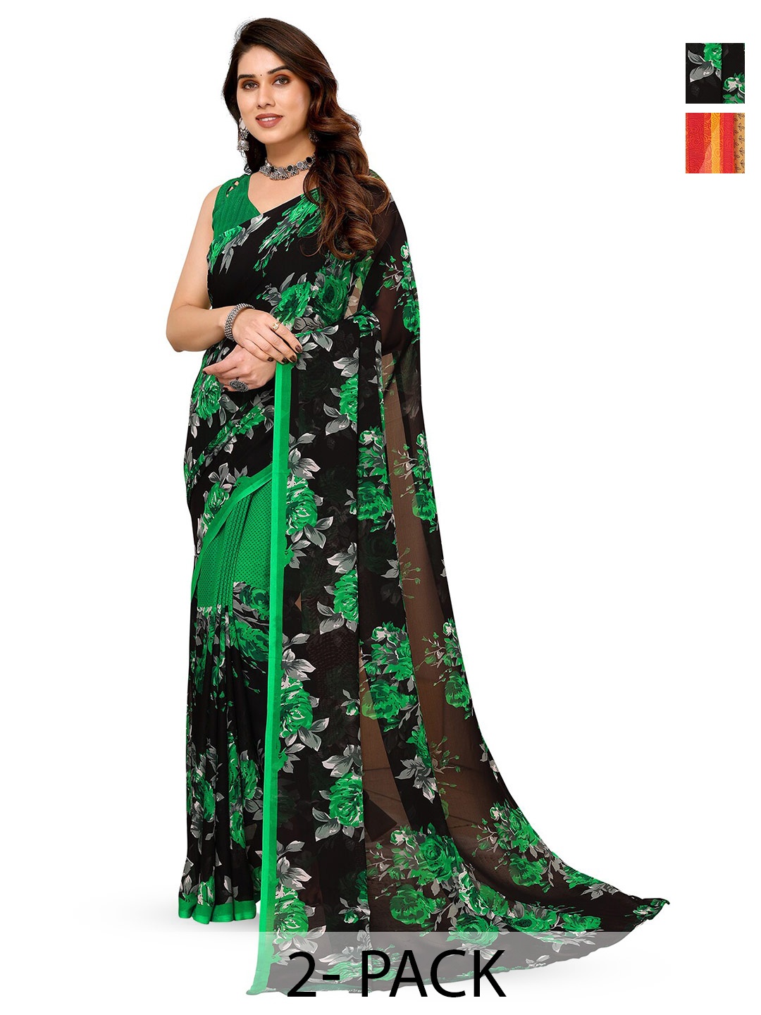 

ANAND SAREES Selection Of 2 Floral Printed Sarees, Red