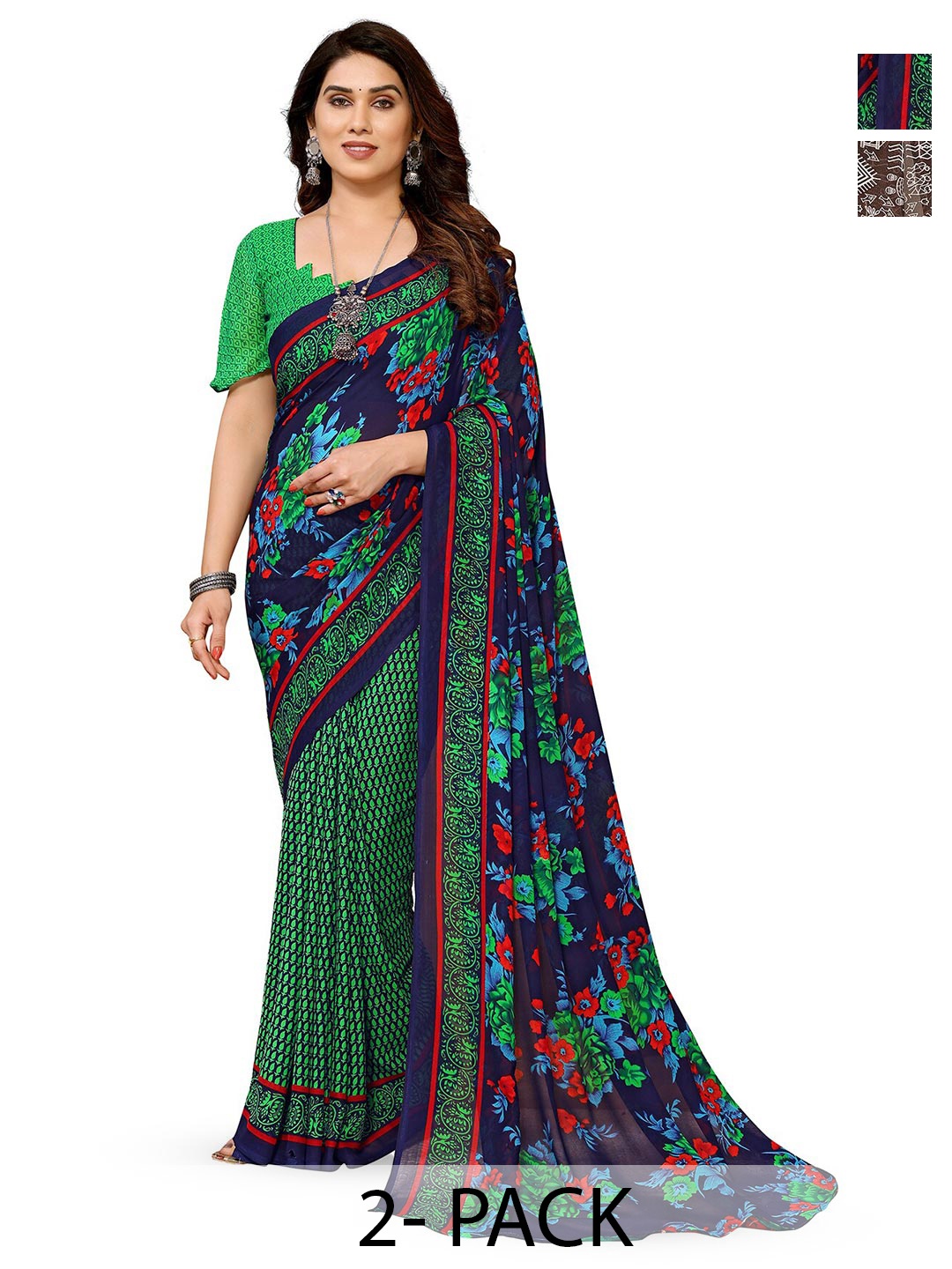 

ANAND SAREES Selection Of 2 Floral Printed Sarees, Green