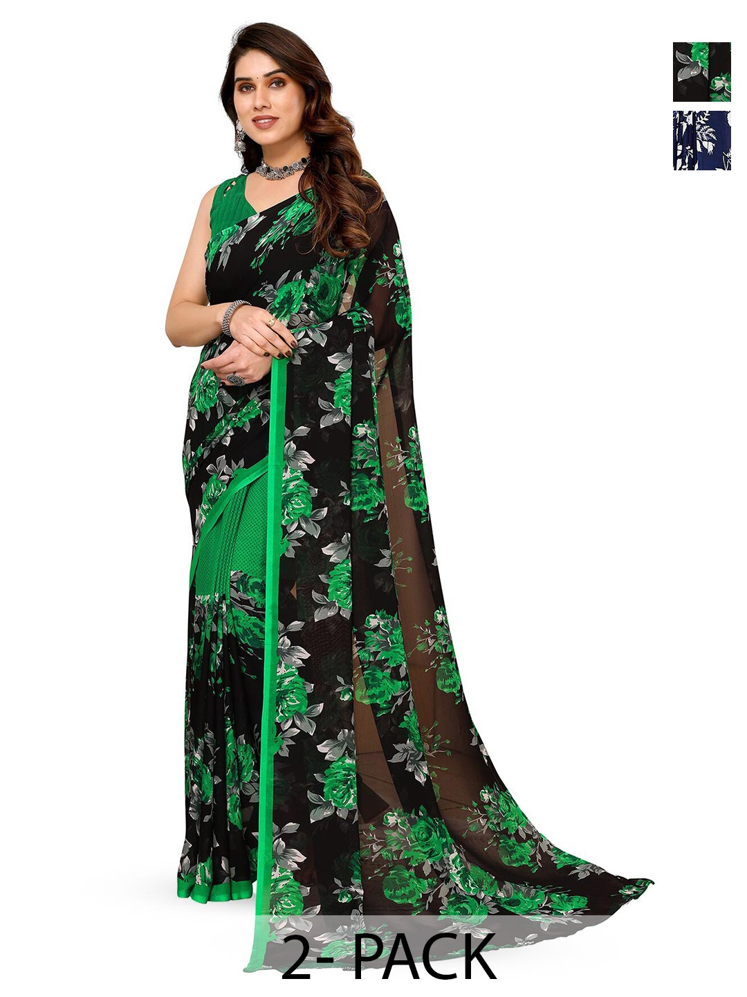 

ANAND SAREES Selection Of 2 Floral Printed Sarees, Green