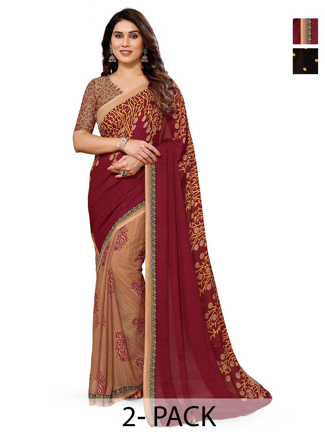 

ANAND SAREES Selection Of 2 Polka Dots Printed Sarees, Brown