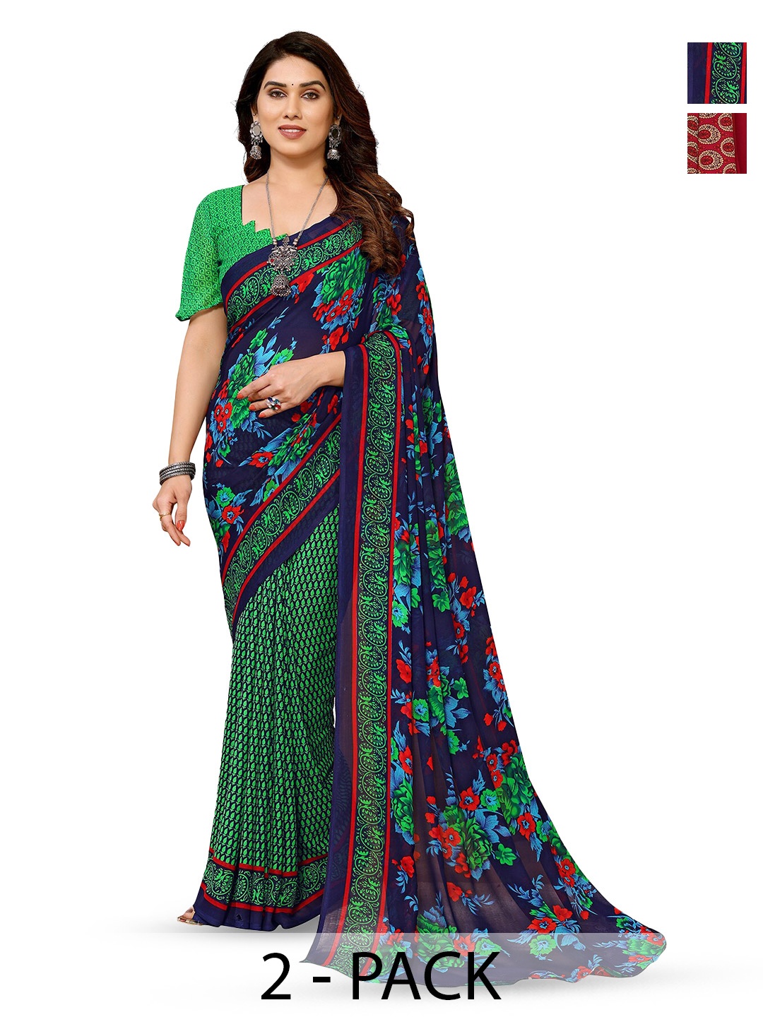 

ANAND SAREES Selection of 2 Floral Printed Sarees, Green