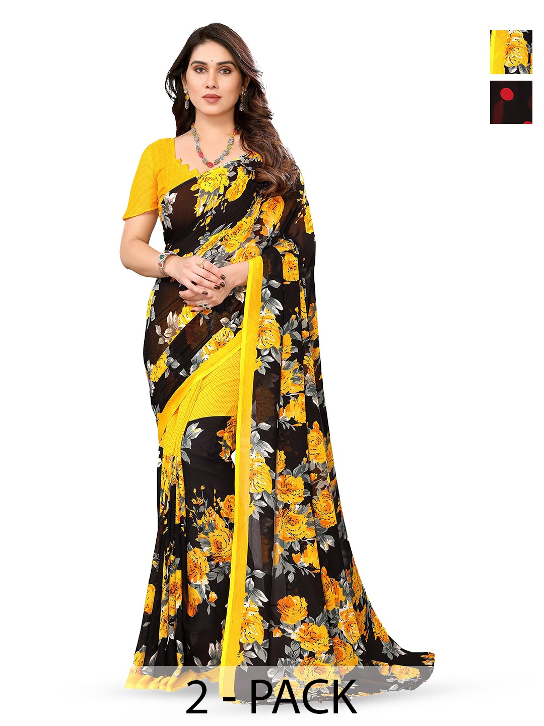 

ANAND SAREES Selection of 2 Floral Printed Sarees, Red