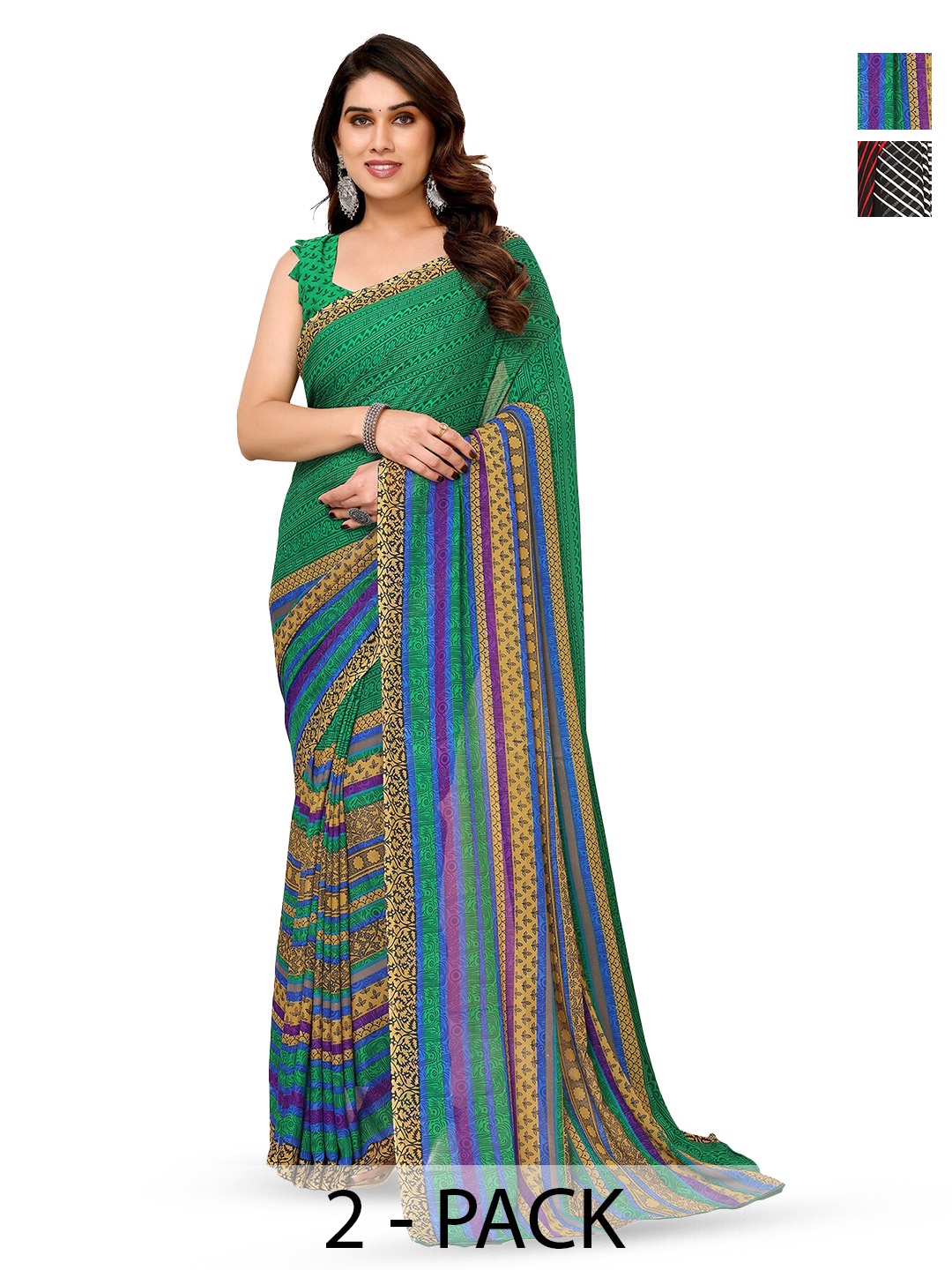 

ANAND SAREES Selection of 2 Striped Printed Sarees, Red