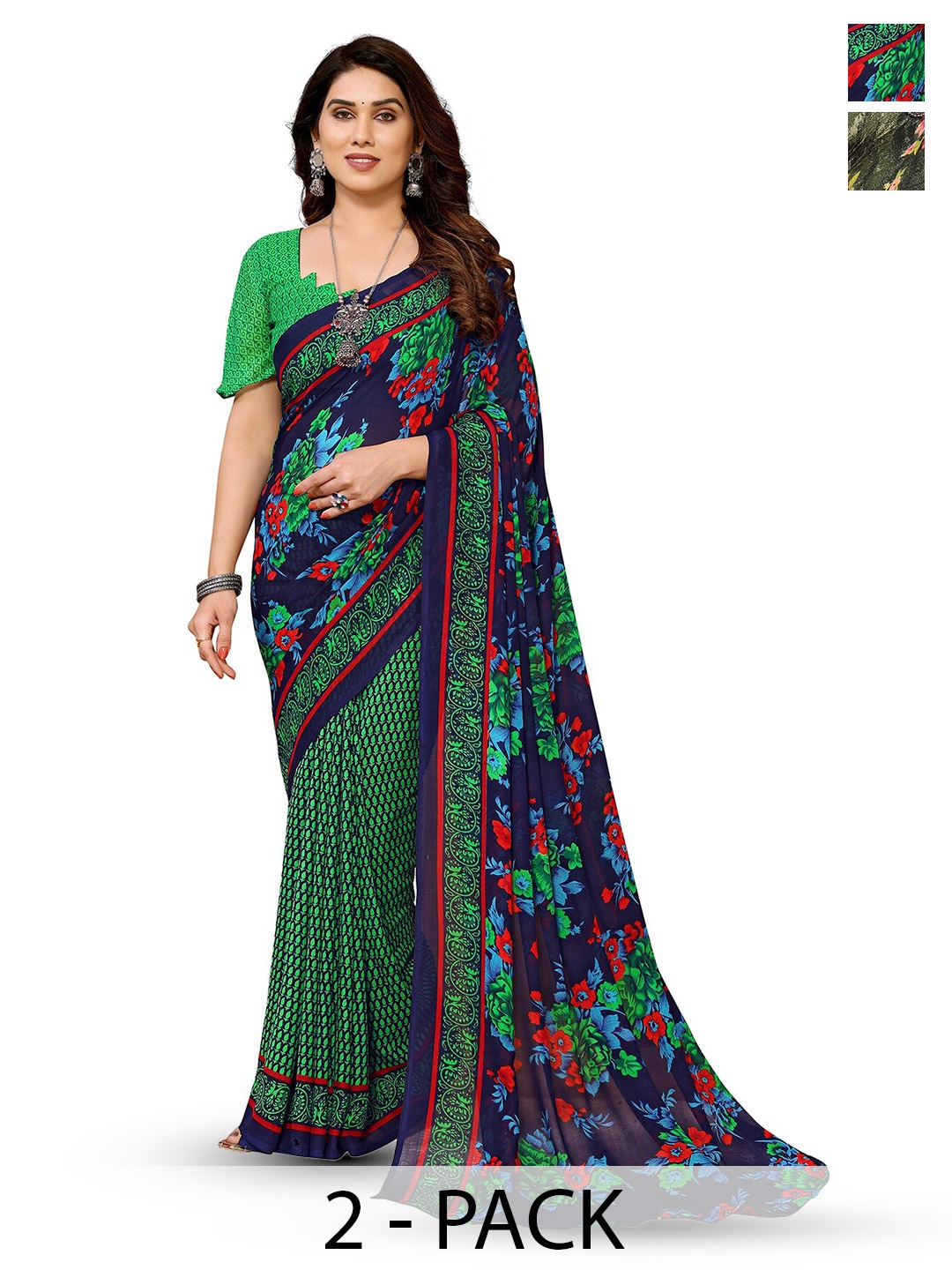 

ANAND SAREES Selection of 2 Floral Printed Sarees, Green